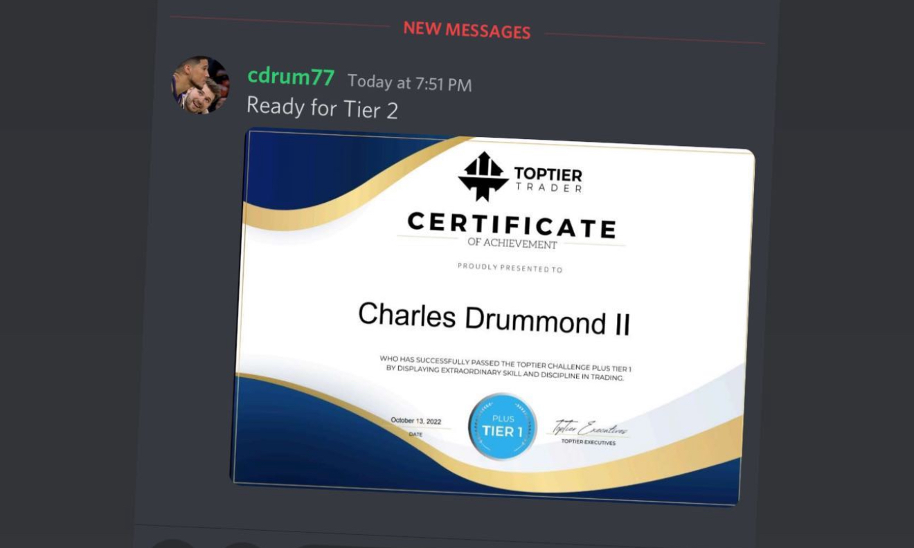 cdrum77: TopTier Trader certificate of achievement — ready for Tier 2