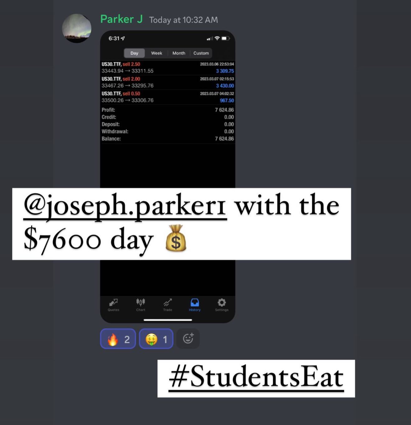 Parker J: $7,600 day on US30 — #StudentsEat