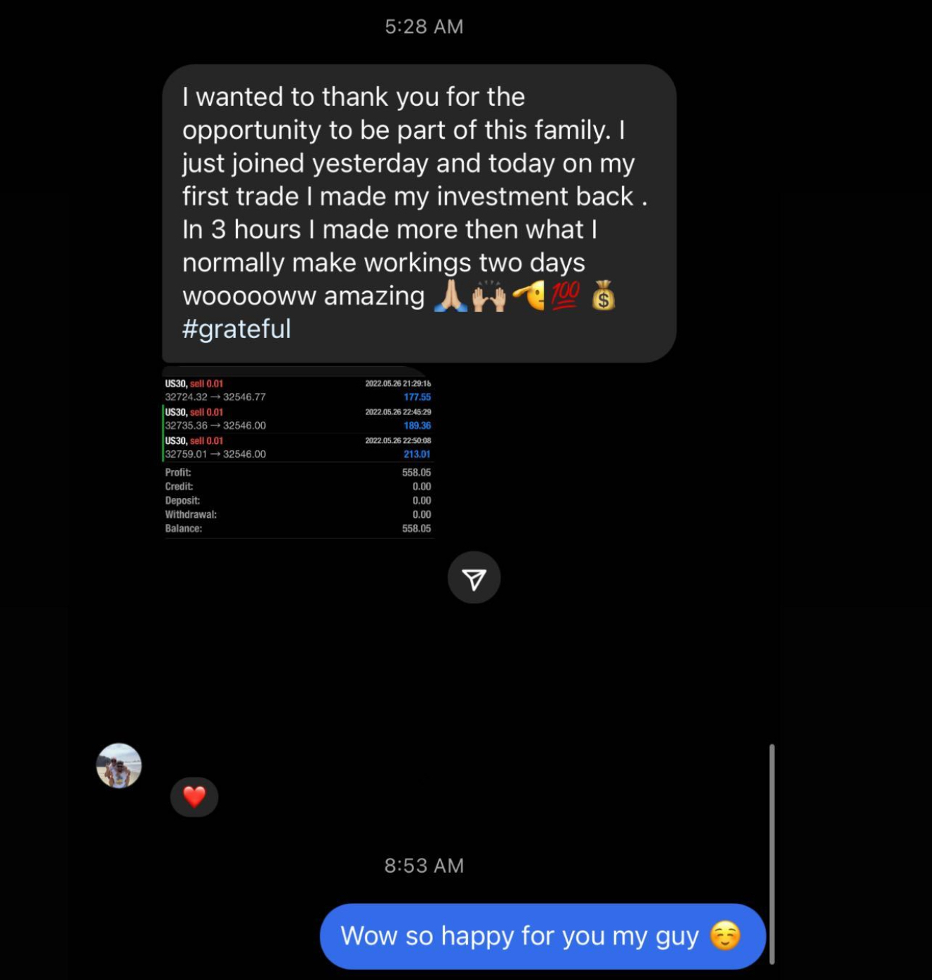 Student DM: made my investment back on my first trade