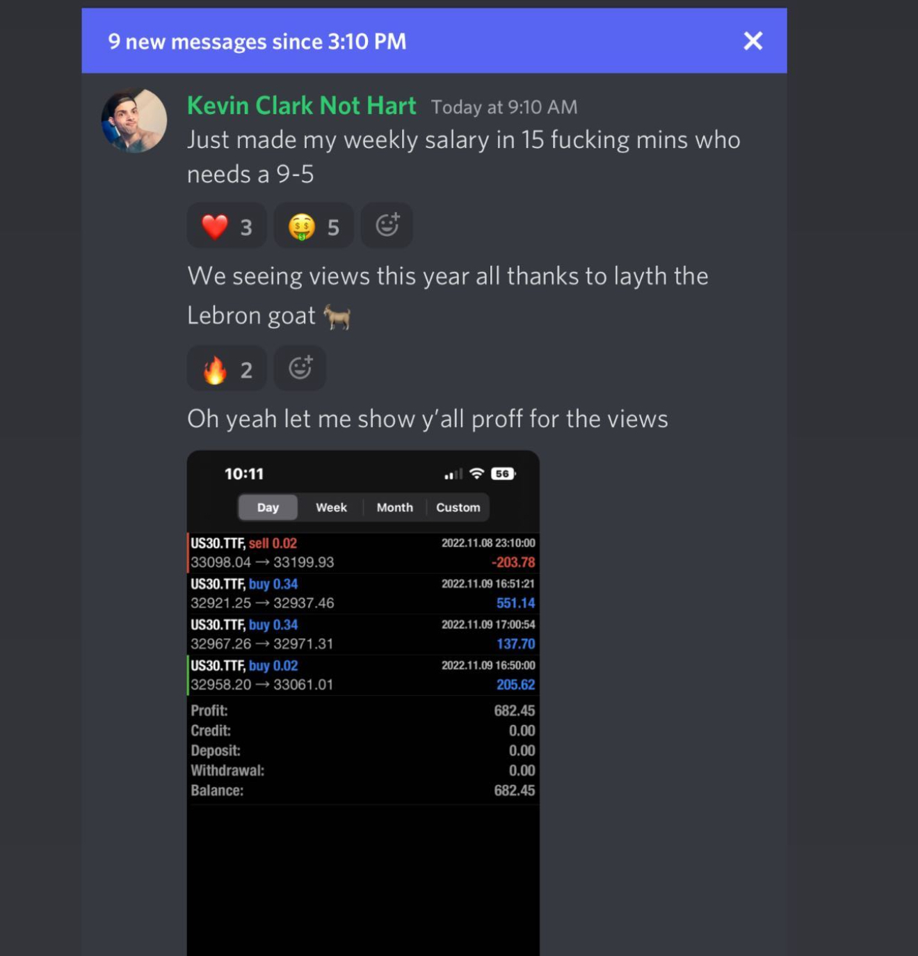Kevin: made my weekly salary in 15 minutes — $682.45 day