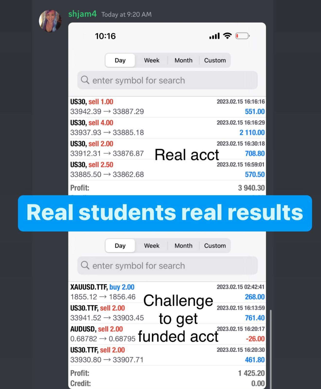 shjam4: real students real results — $3,940.30 and $1,425.20 profit days