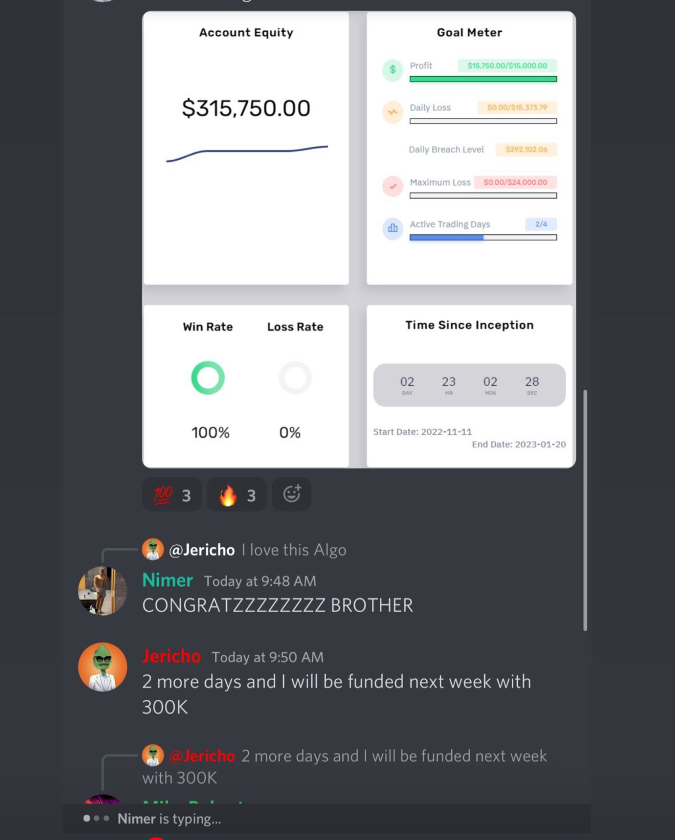 Jericho: $315,750.00 account equity, 100% win rate, funded with 300K