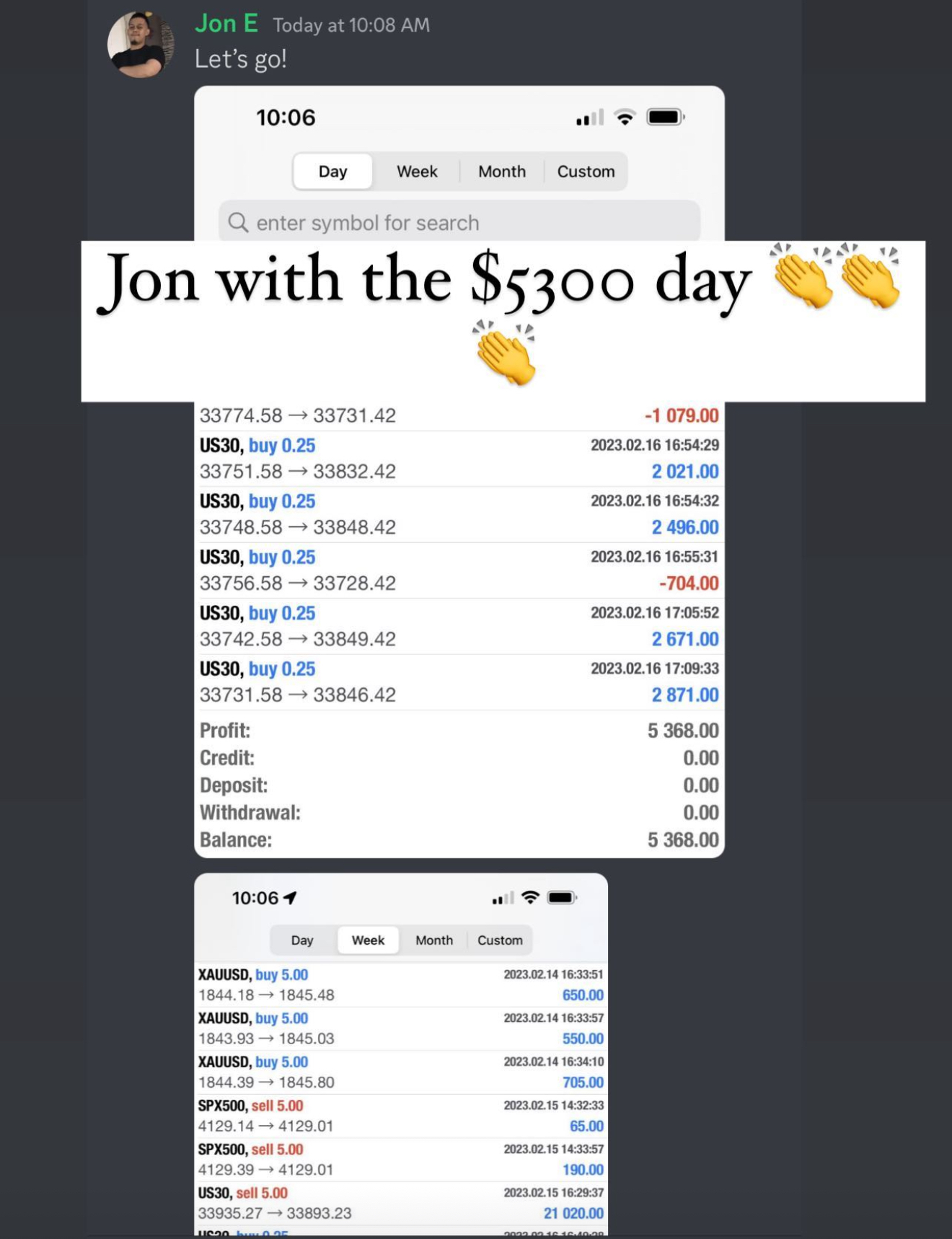 Jon E with the $5,300 day on US30